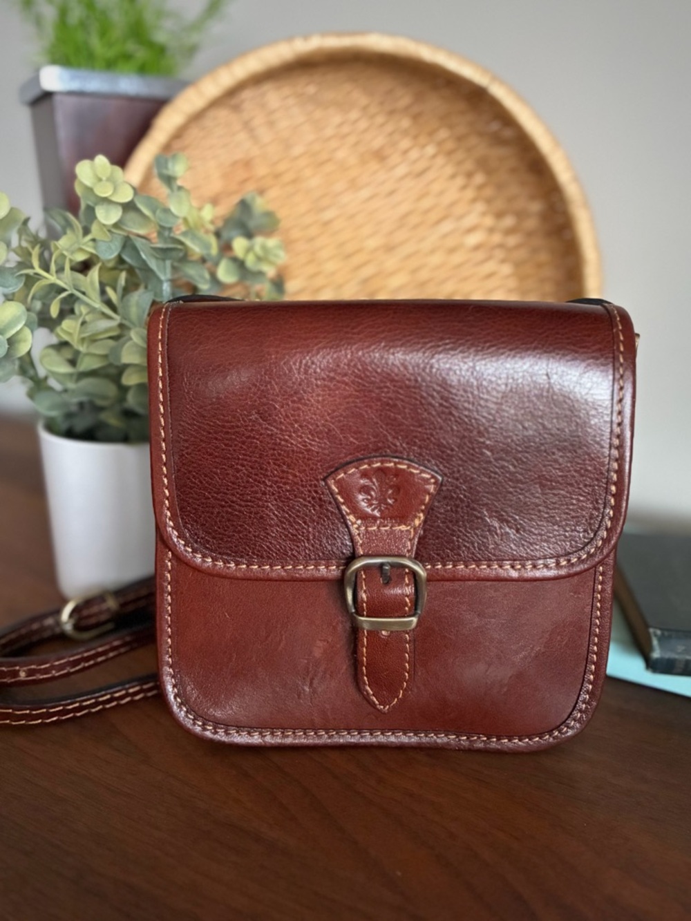 Vintage Italian Leather Mini Crossbody Bag Brown Pebbled Saddle Made in Italy